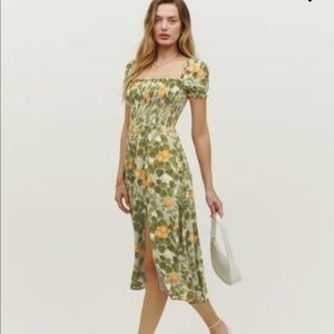 Reformation Green and Orange Floral Midi Dress